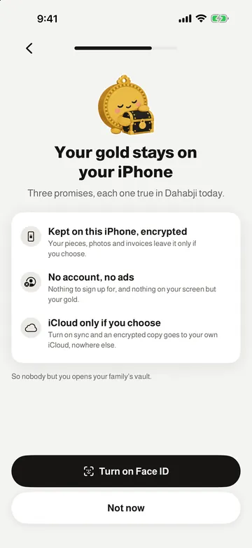 The Dahabji privacy screen: kept on this iPhone, no account, no ads, iCloud only if you choose